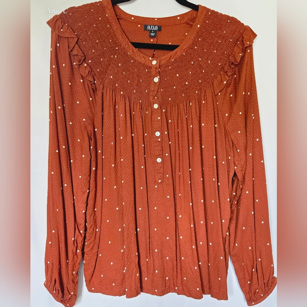 a.n.a Rust Dot Blouse with Ruffles. Fun Top For Business Casual Or Just Jeans!!